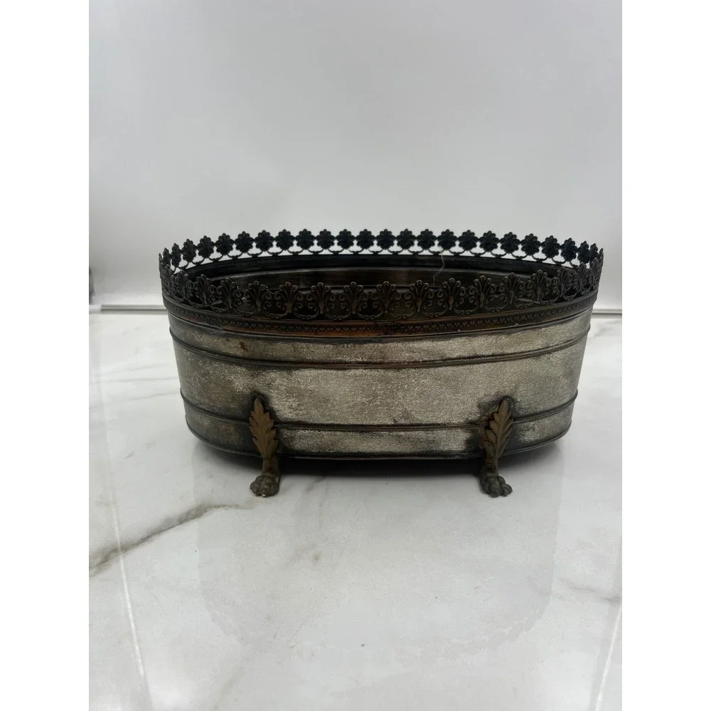 Vintage Italy TR 16 Oval Metal Planter Cachepot Lion Paw Feet Reticulated Rim